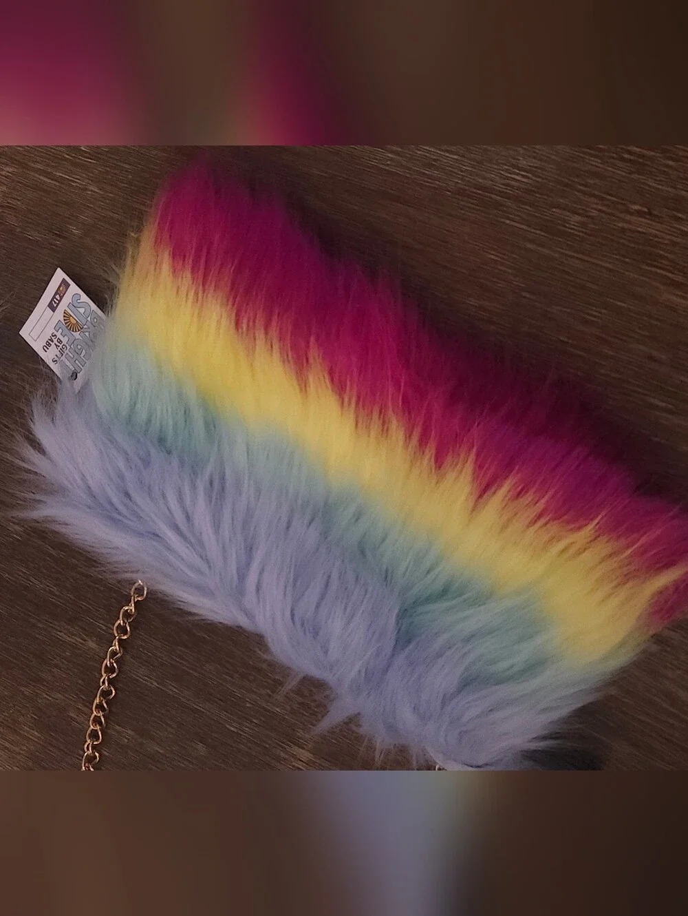 Set Of 2 - Pastel Rainbow Faux Fur Crossbody Bag with Gold Chain